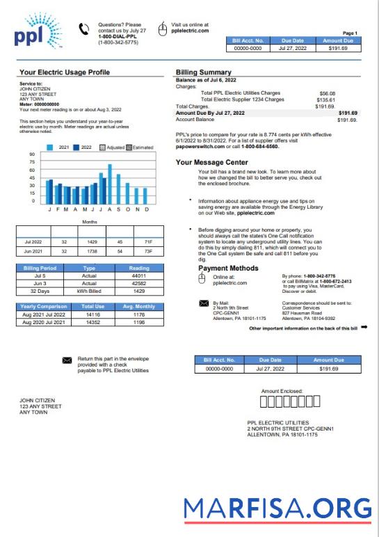 Printable USA Pennsylvania PPL Electric utility bill template in Word and PDF format